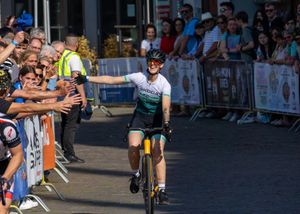 A athlete from Aachen celebrating on the finish-line